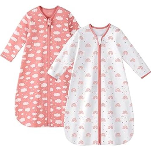 Baby Sleep Sack 12-18 Months 100% Cotton Long Sleeve Wearable Blanket Baby Sleep Bag with 2-Way Zipper 2 Pack 0.5 Tog Sleeping Sack for Newborn Infant White Pink Rainbow
