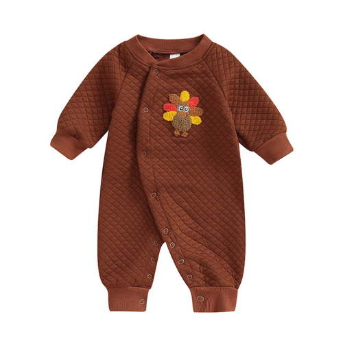 GYRATEDREAM Newborn Boys Girls Thanksgiving Jumpsuit Coat Infant Turkey Embroidery Crewneck Long Sleeve Button up Romper Baby Fall Winter One Piece Outfit Clothes for 0-6 Months White Brown