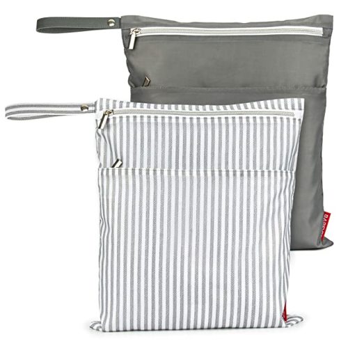 2Pcs Wet Dry Bags for Baby Cloth Diapers Waterproof Washable Reusable with Two Zipper Pockets for Dirty Gym Clothes, Travel, Beach Pool Daycare Soiled baby Accessories - Grey-Stripe