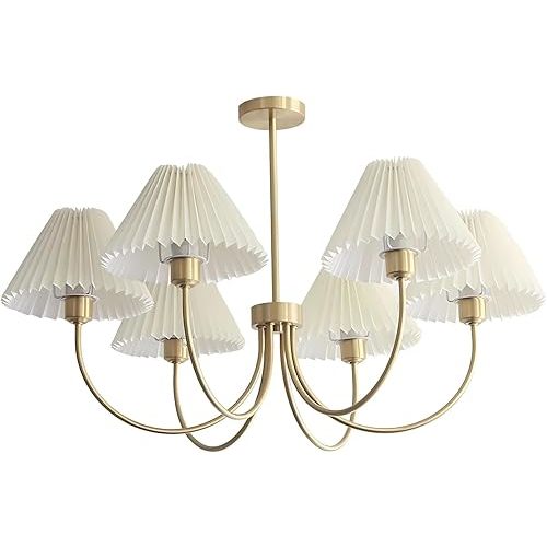 KCO Lighting Vintage Wrinkled Chandelier White Pleated Fabric Pendant Light Modern Gold Sputnik Chandelier 6-Lights Flush Mount Ceiling Light Classic Chandeliers for Dining Room