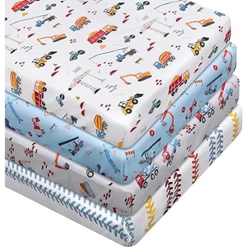 4 Pcs Construction Truck Crib Sheet Set Baby Sheet Newborn Bedding Nursery Crib Sheets for Girl Boys Baby Gifts for Standard Crib and Toddler Mattresses, 52 x 28 x 8 Inches