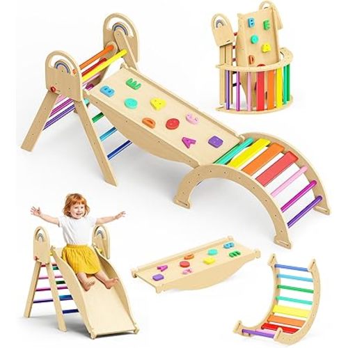 Pikler Triangle Climbing Set, 8-in-1 Foldable Indoor Jungle Gyms, Wooden Indoor Playground Montessori Climber Set with Arch,&Ramp&Ladder for Christmas Birthday Gift