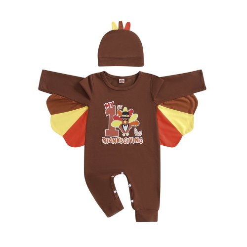Caitzr First Thanksgiving Baby Boy Outfit Cute Turkey Romper Long Sleeve One Piece Jumpsuit Hat 2Pc Baby Thanksgiving Outfit