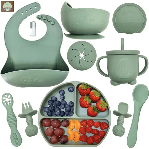 o'doe 11-Pcs Silicone Baby Feeding Set – Baby Led Weaning Supplies With Suction Plates For Toddlers, Baby Plates and Bowls Set | Green V1