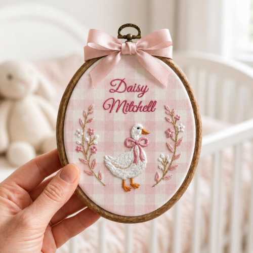 Embroidered Custom Goose Baby Name Sign, Personalized Nursery Hoop, Floral Gingham Wall Art, Baby Girl Announcement, Baby Shower Gift