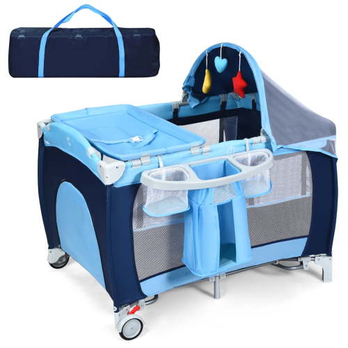 INFANS 4 in 1 Nursery Center: Changing Station Playpen with Portable Table, Removable Bassinet & Music (Blue)