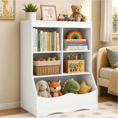 3-Tier Kids Bookshelf and Toy Storage Organizer with 4 Cubbies and Removable Bin, White