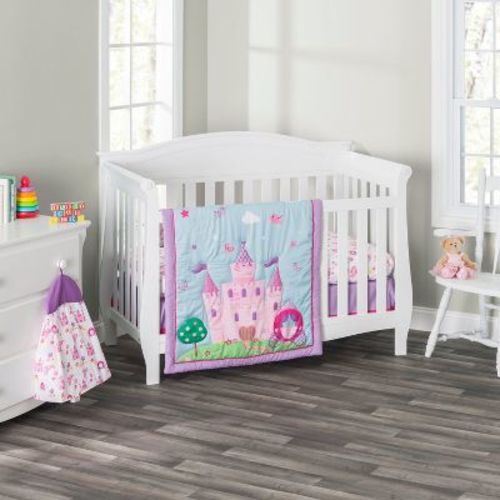 Everyday Kids 4-Piece Princess Crib Bedding Set for Girls – Includes Quilt, Fitted Sheet, Dust Ruffle & Diaper Stacker – Nursery Décor