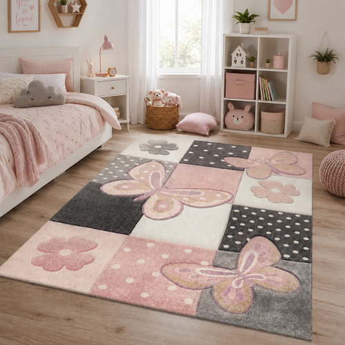 Paco Home Kids Rug for Nursery Butterflies and Flowers in Pink - 5'x7'