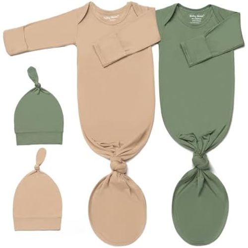 Super Soft Newborn Knotted Gown Set - Silky Infant Sleepwear with Long Sleeves, Includes Hat & Headband (2-Pack)