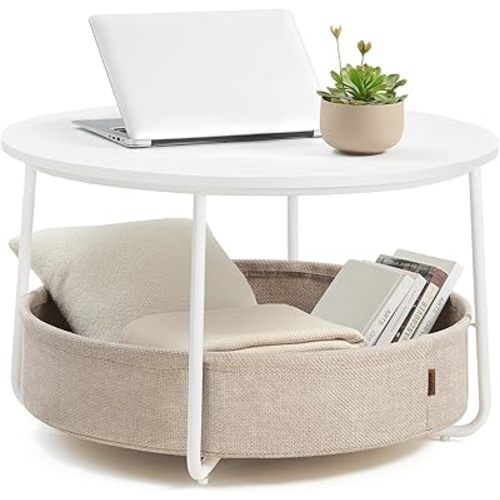 VASAGLE Coffee Table with Storage, Round Center Table for Living Room with Fabric Basket, Modern Style, Metal Frame, Matte White and Camel Brown ULCT244W10