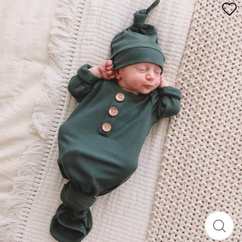 Forest Green Ribbed Bamboo Baby Knot Gown & Hat