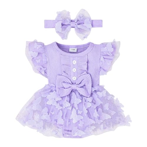 Aenbilo Baby Girl Clothes Summer Girls Clothes Short Sleeves Lace Butterfly Cute Romper Bodysuit Outfits Headband 0-18 Months