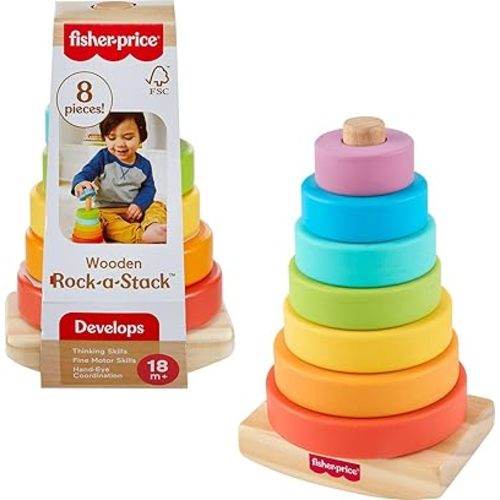 Fisher-Price Wood Toddler Toy Rock-a-Stack, 8-Piece Wooden Ring Stacking Activity for Fine Motor Skill Development Kids Ages 18+ Months
