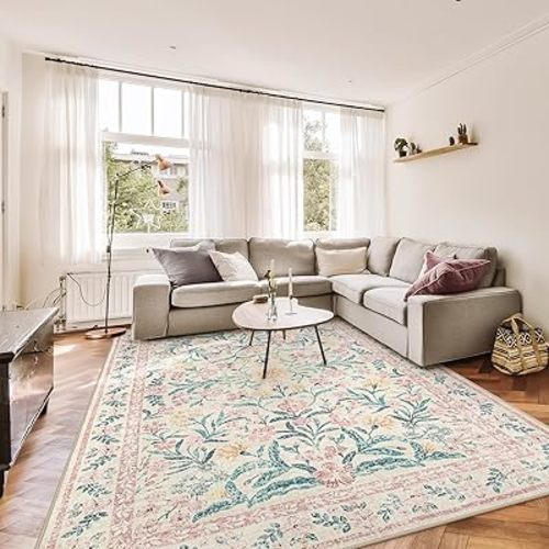 Morebes Large Rugs for Living Room,Boho Machine Washable Area Rugs 8x10,Ultra-Thin Floral Rug Non Slip,Vintage Distressed Soft Carpet for Bedroom Office Dining Room,Pink/Multi