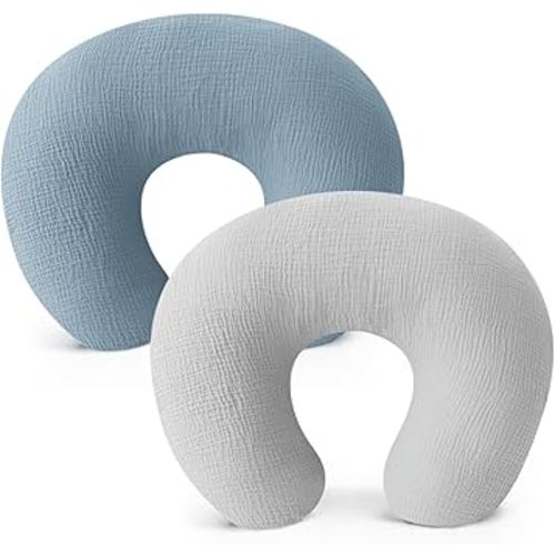 Konssy Muslin Nursing Pillow Covers, Soft and Cute Nursing Covers for Breastfeeding Pillows, Ideal for Newborn Baby Boys and Girls (Grey, Blue) - 2 Pack