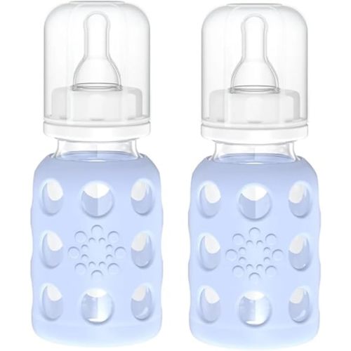 Lifefactory Glass Baby Bottles with Silicone Protection - 2-Pack, 4 oz Bottles, Blanket