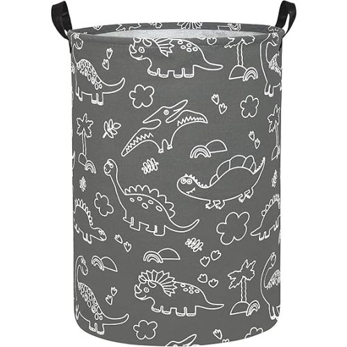 Round Storage Basket Laundry Basket Foldable Waterproof Coating Nursery Hamper for Living Room Bedroom and Clothes Toys(Round Line Dinosaur),19.7inchH x 15.7inchD inches