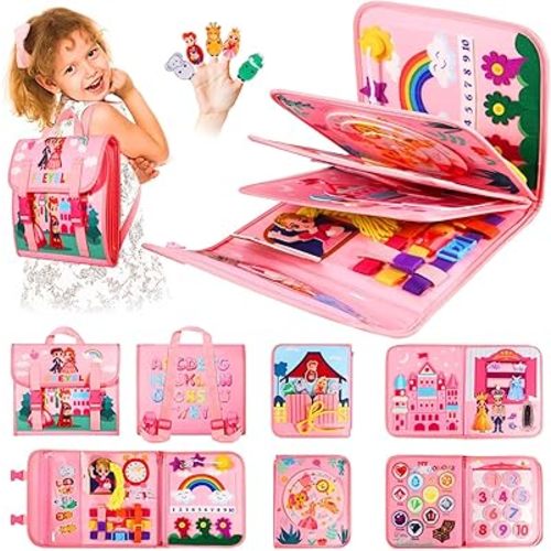 Pink Montessori Busy Board Book for Toddlers 1-3, Montessori Toys for 1-3 Year Old Girl Birthday Gift, Educational Quiet Activity Books for Toddlers 1-3, Airplane Car Travel Toys for Ages 2-4