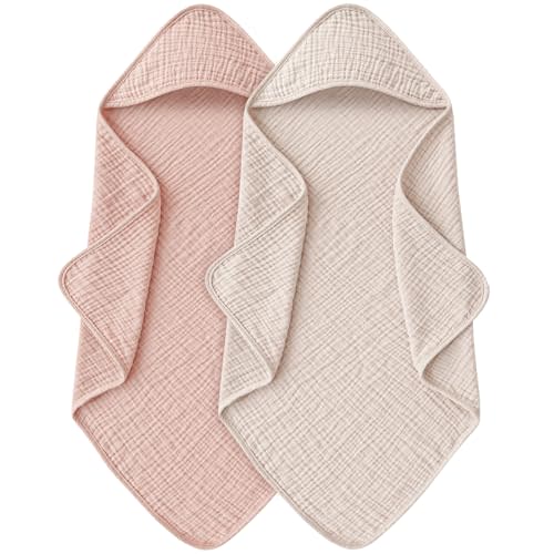 MairMore Hooded Baby Bath Towels, 100% Muslin Cotton Baby Girl Towels with Hood for Neutral Newborn Infants, Soft & Absorbent, Large Size - 32 * 32 Inches (Ivory & Pink)