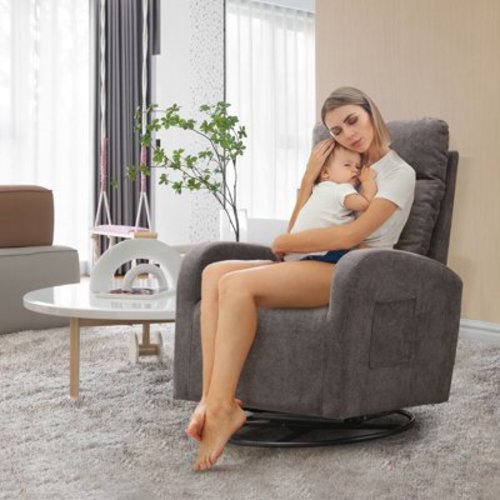 Muumblus Swivel Glider for Nursery, Indoor Comfy Rocking Chair with Comfortable Headrest and Lumbar Pillow, Dark Gray Velvet