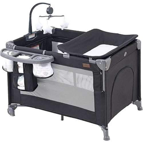 5 in 1 Baby Bedside Sleeper,Baby Pack and Play with Bassinet & Mattress,Portable Bedside Crib with Storage, Playard with Bassinet from Newborn to Toddlers(Dark Grey) (Light Gray)