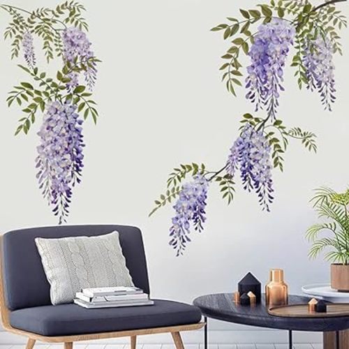 Runtoo Hanging Purple Flower Wall Art Stickers Wisteria Floral Wall Decal for Living Room Bedroom Baby Girls Nursery Wall Decor