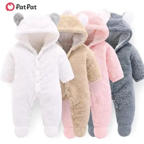 PatPat Baby Boy/Girl Bear Style 3D Ears Hooded Solid Plush Footed - TikTok Shop