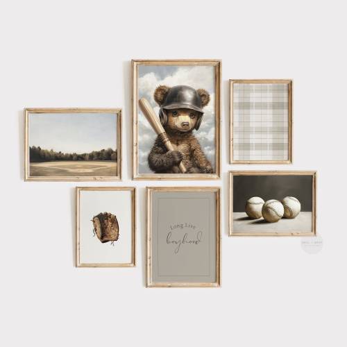 Baseball Art Set of Six Prints | Vintage Style Baseball Wall Art | Neutral Nursery Decor | Boy Room Printable Art | Sports Home Decor | PS17