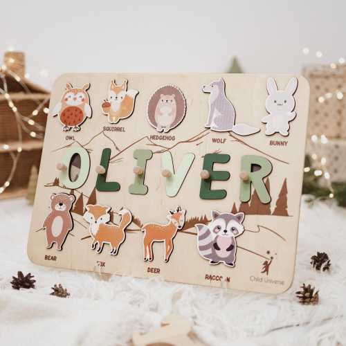 Name Puzzle for Toddler, Baby Boy 1st Birthday Gift, Woodland Animals Nursery, Kids Name Puzzle 2nd, 3rd Birthday Gift, Wood Montessori Toys