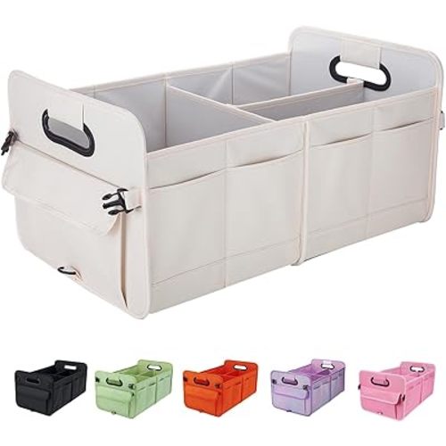 Trunk Organizer For Suv & Sedan,Car Organizers and Storage, Waterproof Collapsible & Adjustable Straps,Sturdy Car Organization for Car Accessories, Tools,Food,Sundries,2-3 Compartment(Beige)