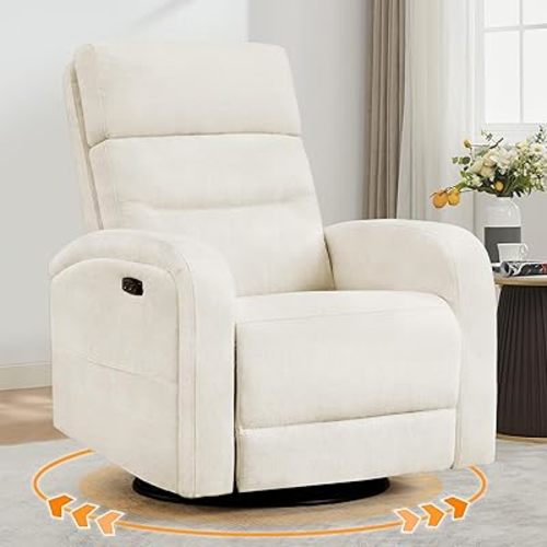 Glider Recliner Nursery Chair, Power Swivel Rocker Recliner with Adjustable Backrest Support, Swivel Rocking Nursery Recliner Chairs with USB and Type-C Ports for Living Room, Chenille Cream White