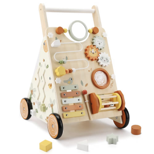 Wooden Baby Walker, Baby Push Walker with Activity Center for Girls Boys, Montessori Push Walker Toys for Babies Learning to Walk, Sit-to-Stand, for 10-12 Months 1 2 3 Years Old