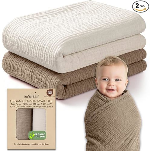 100% Organic Cotton Baby Muslin Blanket 120 X 120 CM Baby Blankets Pack of 2 Soft Breathable Lightweight Gentle On Baby Skin Large Receiving Blanket for Newborns and Infants Daily Use