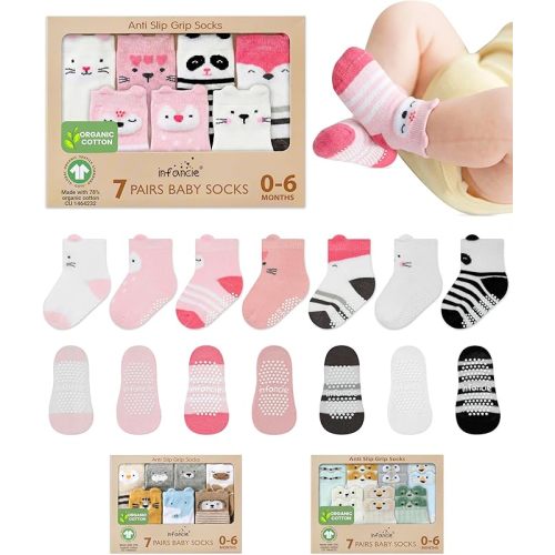 GOTS Organic Cotton Blend 7 Baby Socks 0-6 Months Animal Design Non Slip