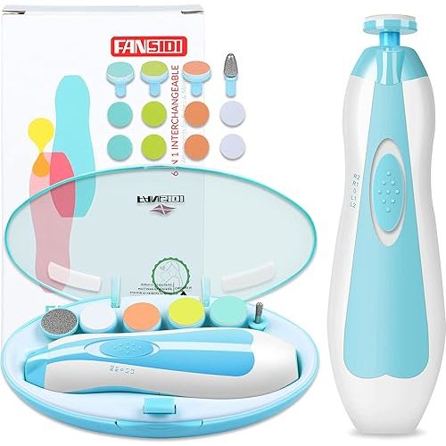 Baby Nail Trimmer Electric, FANSIDI Baby Nail Clippers Safe Baby Nail File Kit with Extra 12 Replacement Pads, Trim Polish Grooming Kit for Newborn Infant Toddler or Adults Toes Fingernails Care, Blue