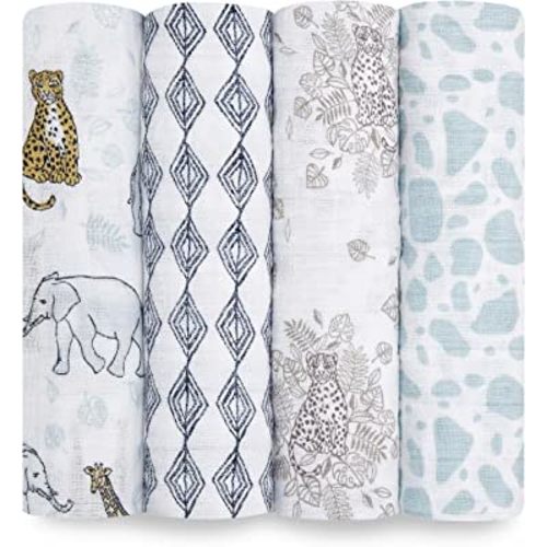 aden + anais Swaddle Blanket, Boutique Muslin Blankets for Girls & Boys, Baby Receiving Swaddles, Ideal Newborn & Infant Swaddling Set, Perfect Shower Gifts, 4 Pack, Jungle Toile
