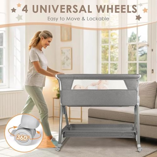 BIERUM Baby Bassinet, Bedside Sleeper for Baby, 7 Height Adjustable Bedside Bassinet with Wheels, Easy to Assemble Portable Bedside Crib with Large Storage Bag for Newborn/Infant, Mattress Included