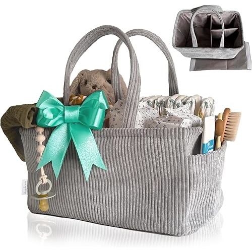 Newborn Essentials - Diaper Caddy, Car Travel Basket, Unisex Baby Gifts, Newborn Travel Basket, Organizer, Bunny Grey