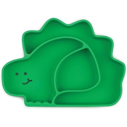 Bumkins Toddler and Baby Suction Plate, Silicone Divided Grip Dish, Babies and Kids, Baby Led Weaning, Children Feeding Supplies, Non Skid Sticky Bottom, Platinum Silicone, Ages 6 Months Up, Dinosaur