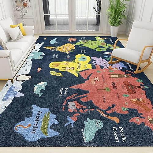 Kids Education World Map Area Rugs, Sea Animals World Map Soft Washable Carpet, Upholstery Rug with Non-Slip Backing for Kids Boys Girls Bedroom Living Room Dining Room Study 6ftx9ft