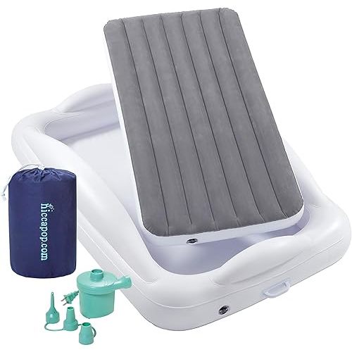 hiccapop Inflatable Toddler Travel Bed with Safety Bumpers [4-Sided] | Portable Toddler Bed for Kids | Toddler Air Mattress | Kids Air Mattress - Grey