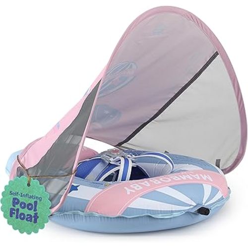 MAMBOBABYFLOAT Light Traveler 2025 — Safe, Comfortable, Adjustable Baby Pool Float with Canopy — Sun Protection, Self-Inflating, 5-Way Buckle System (Hot Air Balloon, Blue)