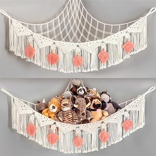 Stuffed Animal Net or Hammock Macrame Large Corner Netting Toy Storage with Boho Tassels, Handmade Hanging Net Toy Organizer for Nursery Kids Room Wall Decor