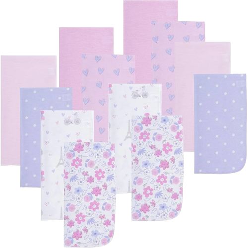 EVERYDAY KIDS 12 Pack Burp Cloths for Baby Girl - Paris, Flowers and Hearts