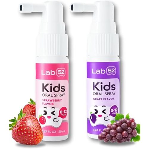 LAB52 Kids Oral Spray Duo Set, Toddler Toothpaste Helper for Cavity Repair and Fresh Breath, Children Anticavity with Fluoride Free for Newborn to Preschoolers, Xylitol (Strawberry & Grape)