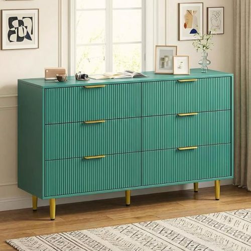 IDEALHOUSE 6 Drawer Dresser for Bedroom, 56" Wood Chest of Drawers, Fluted Dresser with Golden Metal Handle, Large Capacity Organizer for Hallway and Entryway, Easy Assembly, Green
