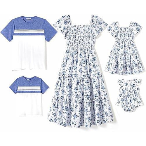 PATPAT Family Matching Outfits Boho Floral Print Square Neck Puff Sleeve Smocked Dress and Short Sleeve T-Shirts Matching Set