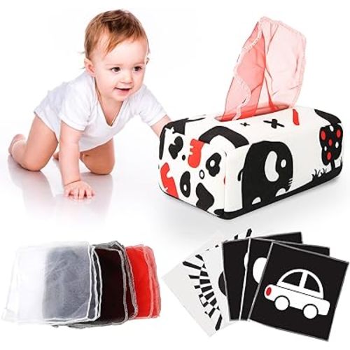 Baby Toys 6 to 12 Months - Baby Tissue Box Toy - Montessori Toys for 1 Year Old, Soft Contrast Crinkle Infant Sensory Toys, Girls&Boys Toddlers Early Learning Toys Baby Gifts（Black and White Theme） - Black and White Baby Toys