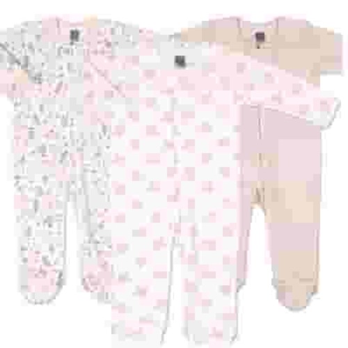 The Peanutshell Baby Sleep n Play Footed Pajamas for Girls, Pink Floral, 3 Pack, Newborn to 9 Months